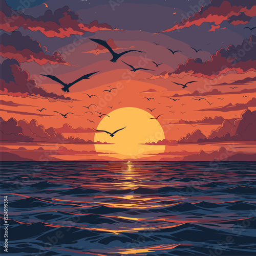 Majestic Sunset over the Ocean with Birds in Flight
