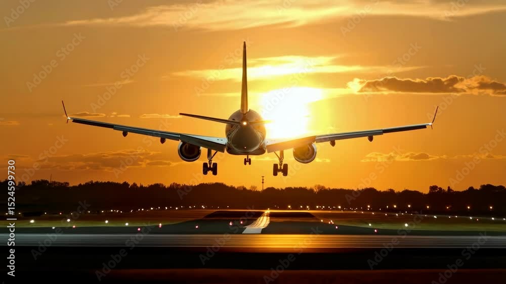 Airplane landing on runway at dusk with brilliant orange sky and shining sun silhouetting trees