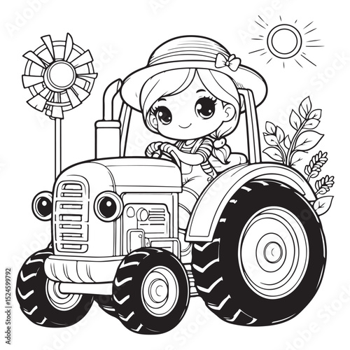 Farmer girl on farm tractor cartoon suitable for coloring page - vector illustration