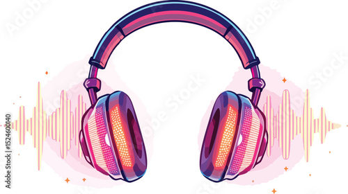 Stylish colorful headphones with sound waves illustration for music and entertainment concepts.
