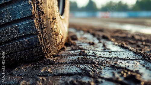 A detailed close-up of tire tread on a dirt racing track. This image captures the texture and performance aspects vital for motorsport enthusiasts and photographers alike.