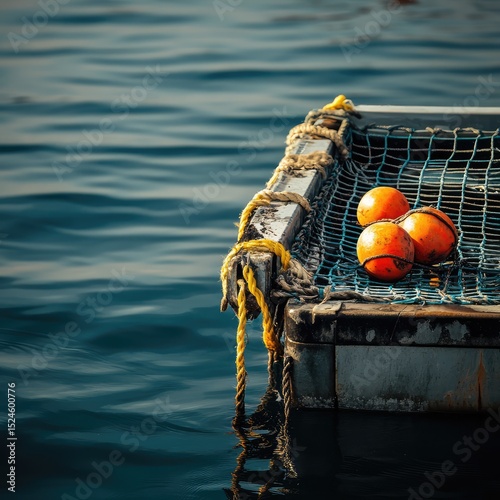 A close-up of a lobster trap with ropes and buoys floating on the calm sea  photo