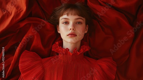 A young woman with light skin and brown hair styled in bangs lies supine on a crimson fabric, wearing a high-necked ruffled red dress; the fabric drapes around her