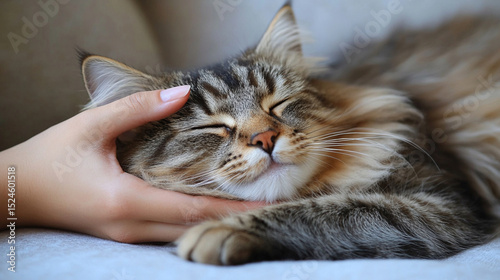 Female hand gently caresses a peacefully sleeping tabby cat on white background. Captures pet care, love, comfort, trust, and bonding. Warm, peaceful emotion of human-animal connection and care.

