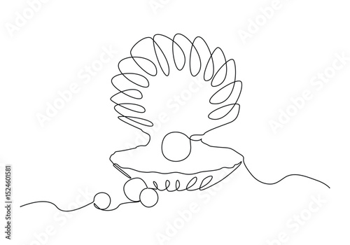 Continuous one line drawing of open pearl shell. Simple illustration of shell with pearl.