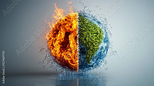 Wallpaper Mural Abstract globe divided into four sections representing elements: blue water, orange fire, green fractal earth, and swirling air. Symbolizes natural energy, balance, and elemental forces in vibrant col Torontodigital.ca