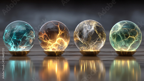 Abstract globe divided into four sections representing elements: blue water, orange fire, green fractal earth, and swirling air. Symbolizes natural energy, balance, and elemental forces in vibrant col
