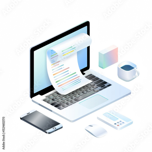 A modern workspace featuring a laptop, smartphone, and printed documents, ideal for illustrating productivity.
