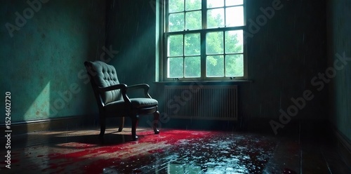A dimly lit room, rain lashing against the window, a single overturned chair near a bloodstained carpet, suggesting a violent struggle and a hasty escape , thriller, crime scene