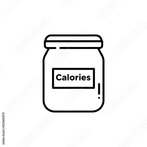 Minimalist line icon of a jar labeled “Calories”. Represents calorie counting, nutrition facts, diet, and food tracking