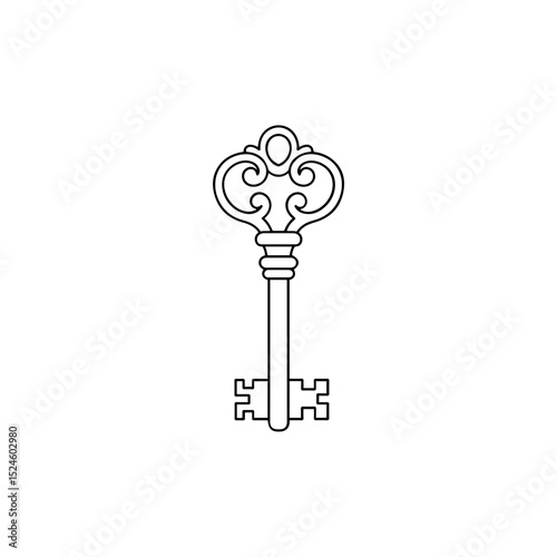 Minimalist line icon of a vintage key with ornate top