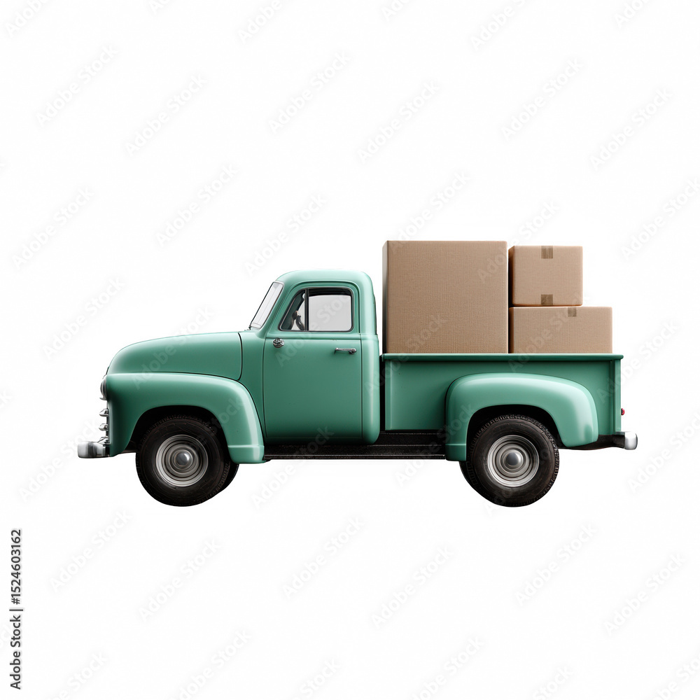 Obraz premium Classic green pickup truck loaded with cardboard boxes, perfect for transportation and delivery imagery.