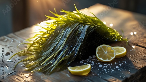Fresh Seaweed Harvest Vibrant Green Sea Kelp with Lemon and Sea Salt on Rustic Wood