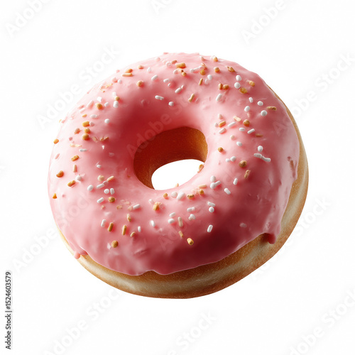 Delicious pink frosted donut with sprinkles, perfect for dessert or a sweet treat to enjoy any time of day.