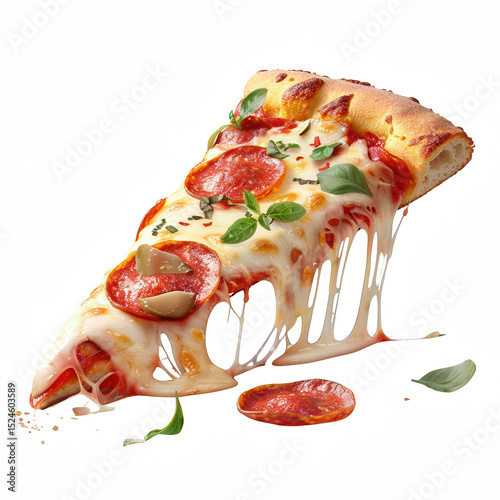 Delicious slice of pizza with gooey cheese, pepperoni, and fresh basil, perfect for food lovers.
