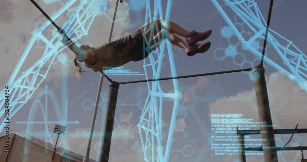 Female athlete gripping pull-up bar and swinging body through urban digital strength overlay