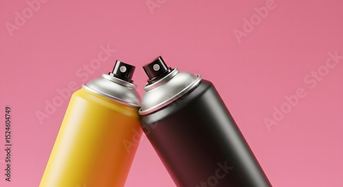 Two Spray Paint Cans: Yellow and Black Graffiti Aerosols on Pink Background