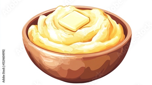 A wooden bowl overflowing with creamy, fluffy mashed potatoes, topped with a pat of butter