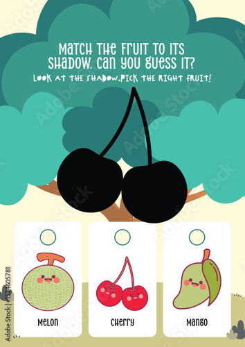 Cute kawaii printable worksheet for kids to guess the correct fruit from its shadow, perfect for fun learning, shape recognition, and early education.