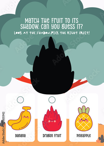 Cute kawaii printable worksheet for kids to guess the correct fruit from its shadow, perfect for fun learning, shape recognition, and early education.