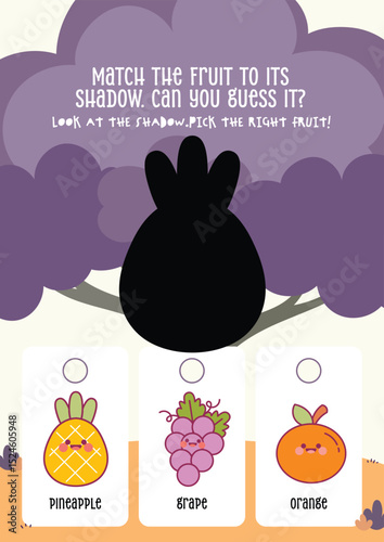 Cute kawaii printable worksheet for kids to guess the correct fruit from its shadow, perfect for fun learning, shape recognition, and early education.