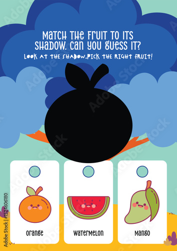 Cute kawaii printable worksheet for kids to guess the correct fruit from its shadow, perfect for fun learning, shape recognition, and early education.