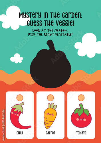 Cute kawaii printable worksheet for kids to guess the correct vegetable from its shadow, designed for fun learning and visual recognition in early education.