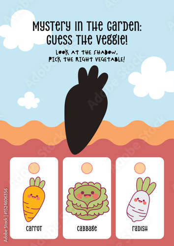 Cute kawaii printable worksheet for kids to guess the correct vegetable from its shadow, designed for fun learning and visual recognition in early education.