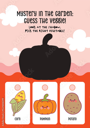 Cute kawaii printable worksheet for kids to guess the correct vegetable from its shadow, designed for fun learning and visual recognition in early education.