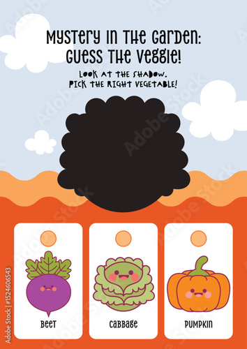 Cute kawaii printable worksheet for kids to guess the correct vegetable from its shadow, designed for fun learning and visual recognition in early education.