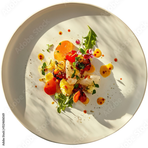 Grilled vegetable salad with carrot, tomato, and fresh herb on white plate