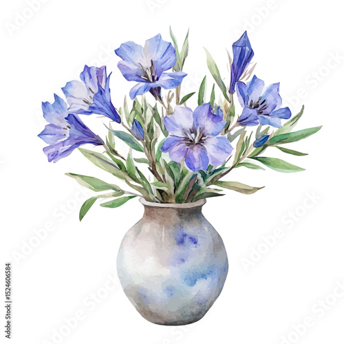A Prairie Gentian In A Vase, watercolor illustration vector, high quality, isolated on a white background.