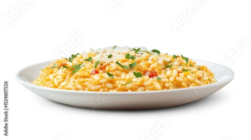 A creamy saffron risotto garnished with freshly grated parmesan cheese and chopped parsley, served on a simple white plate against a clean white background