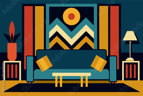 Mid-Century Modern Living Room Interior Design Geometric Patterns and Warm Colors