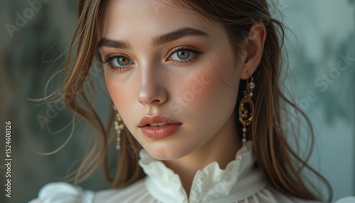 Portrait of a Woman with Green Eyes Wearing Decorative Earrings