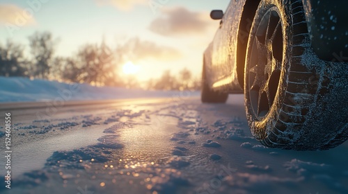 An SUV maneuvers through a snowy terrain during sunset, showcasing a close-up of its tire covered in ice and snow. The warm light contrasts with the cold surroundings
