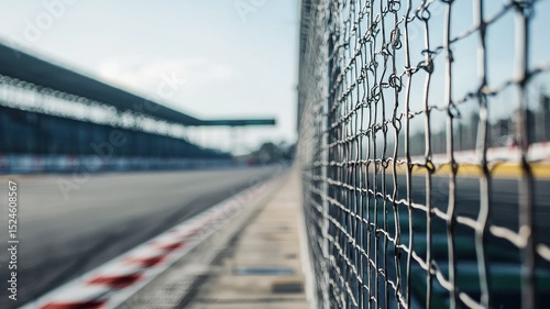 An empty F1 track showcases a safety barrier in sharp focus, encapsulating the solitude of motor racing. Perfect for themes of sport and design.