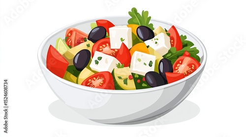 A vibrant Greek salad in a white bowl, featuring chunks of feta cheese, ripe tomatoes, Kalamata olives, and avocado slices, garnished with fresh herbs