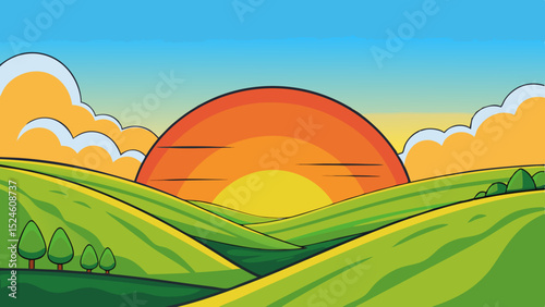 Vibrant sunset over rolling green hills landscape illustration