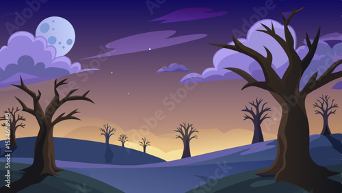 Night landscape with bare trees, moon, and clouds, transparent background