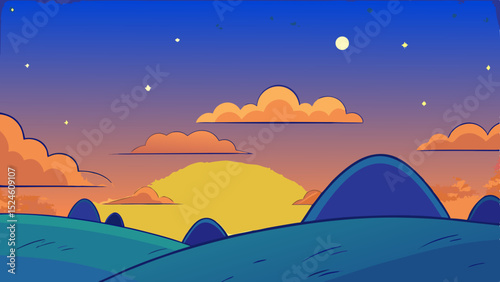 Serene sunset landscape illustration, clean cutout, transparent background
