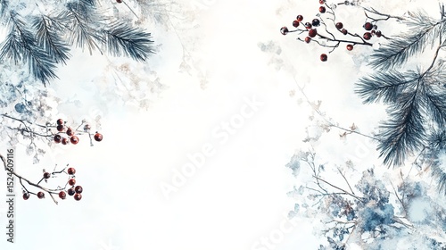 Festive Christmas border featuring snowy fir branches and red berries against a white backdrop