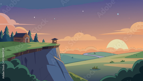 Serene sunset landscape with cliffside house png
