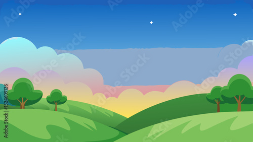 Serene sunset landscape with rolling hills and trees