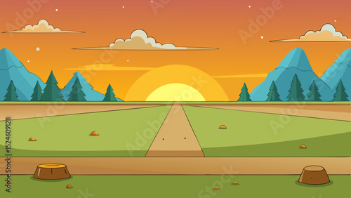 Serene sunset landscape with path, mountains, and trees