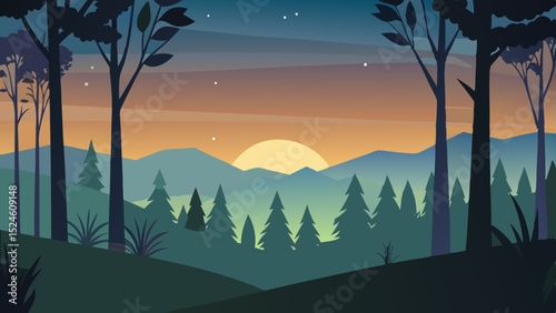 Serene sunset mountain landscape, clean cutout, transparent background