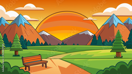 Serene sunset mountain landscape with park bench