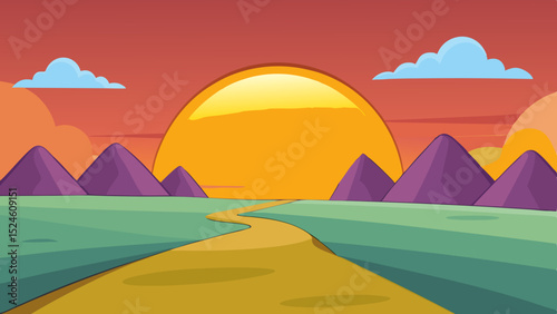 Serene sunset landscape with winding path, transparent background