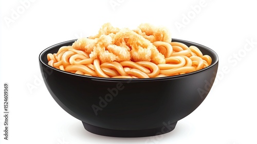 A dark bowl brimming with light-colored noodles topped with crispy, golden-brown pieces, possibly fried or seasoned, set against a stark white backdrop