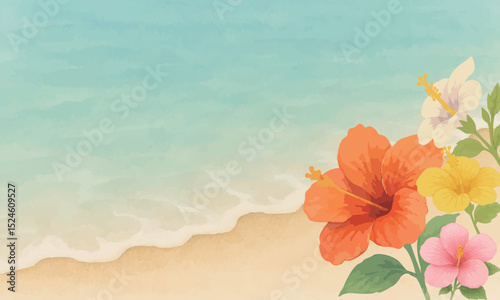 Tropical Beach Background with Hibiscus Flowers – Summer Resort Illustration
